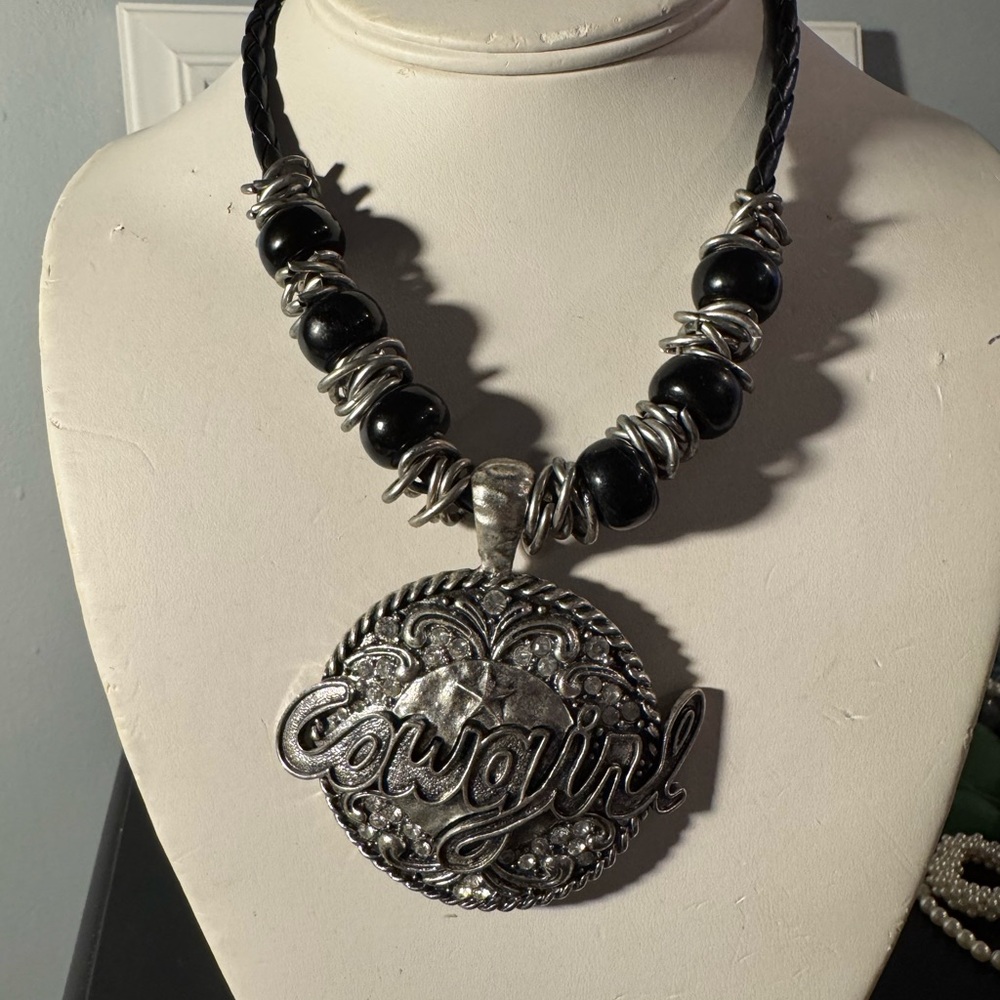Cowgirl Script Round Pendant Necklace - Black and Silver